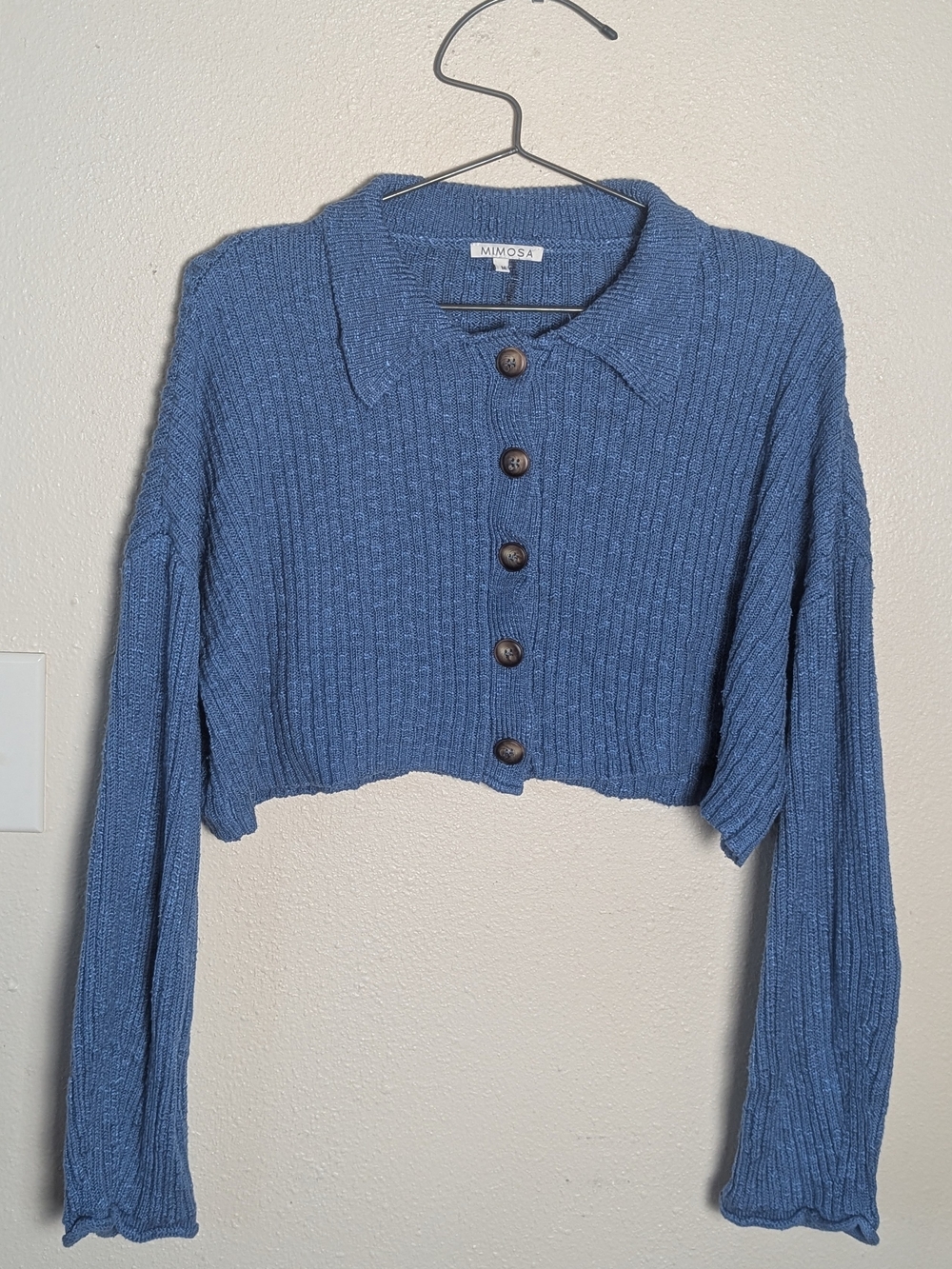 Mimosa Slate Blue Ribbed Button-Front Cropped Cardigan Sweater M